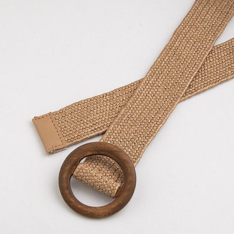Пояс в богемном стиле с круглой деревянной пряжкой, натуральная кантри-стрейч-рафия, натуральный женский пояс, универсальный пояс для отпуска