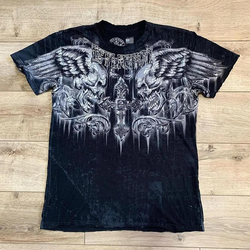 Футболка в стиле ретро Y2K, новая хип-хоп-футболка в стиле Харадзюку с круглым вырезом и коротким рукавом, готический принт, свободный топ, уличная одежда