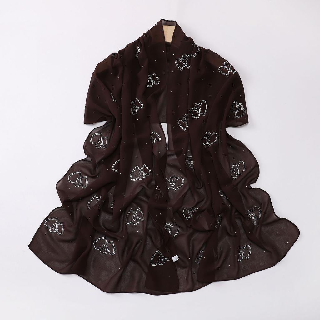 Chiffon Long Scarf Double Heart Rhinestone Ethnic Headscarf For Women
