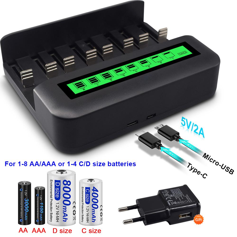 PALO 8-слотовый ЖК-дисплей, USB-умное зарядное устройство для аккумулятора AA AAA SC, размер компакт-диска, аккумуляторная батарея 1,2 В, Ni-MH Ni-CD, быстрое зарядное устройство