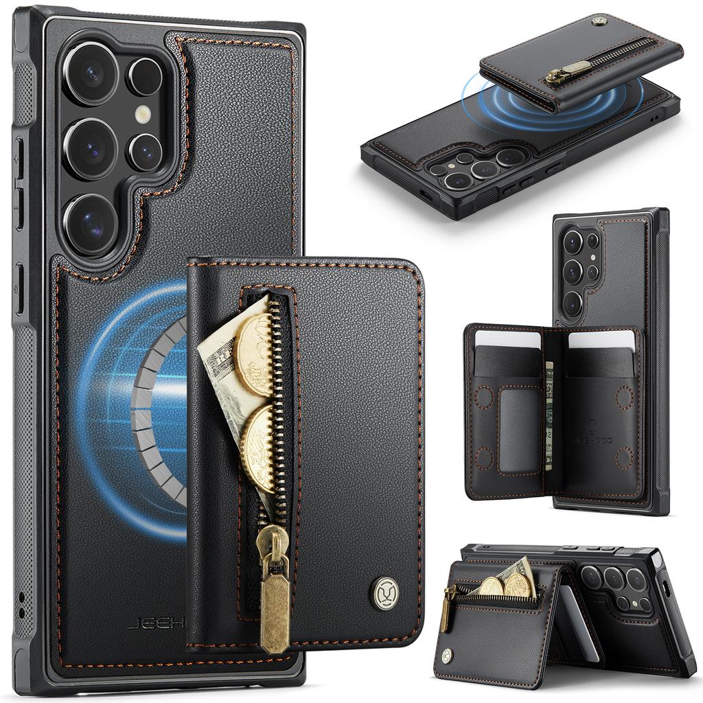 For Samsung Galaxy S26 Ultra Case JEEHOOD J12 Magnetic Detachable Zipper Wallet Kickstand Leather Back Cover Compatible with MagSafe