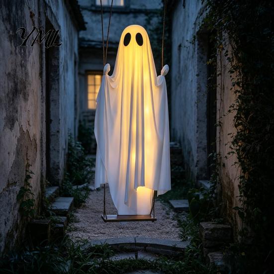 Weighted Fabric Ghost Halloween Hanging Swing Decoration, Light Up Large Spooky Outdoor Decorations on A for Outside Garden Yard Porch Tree Decor Easy