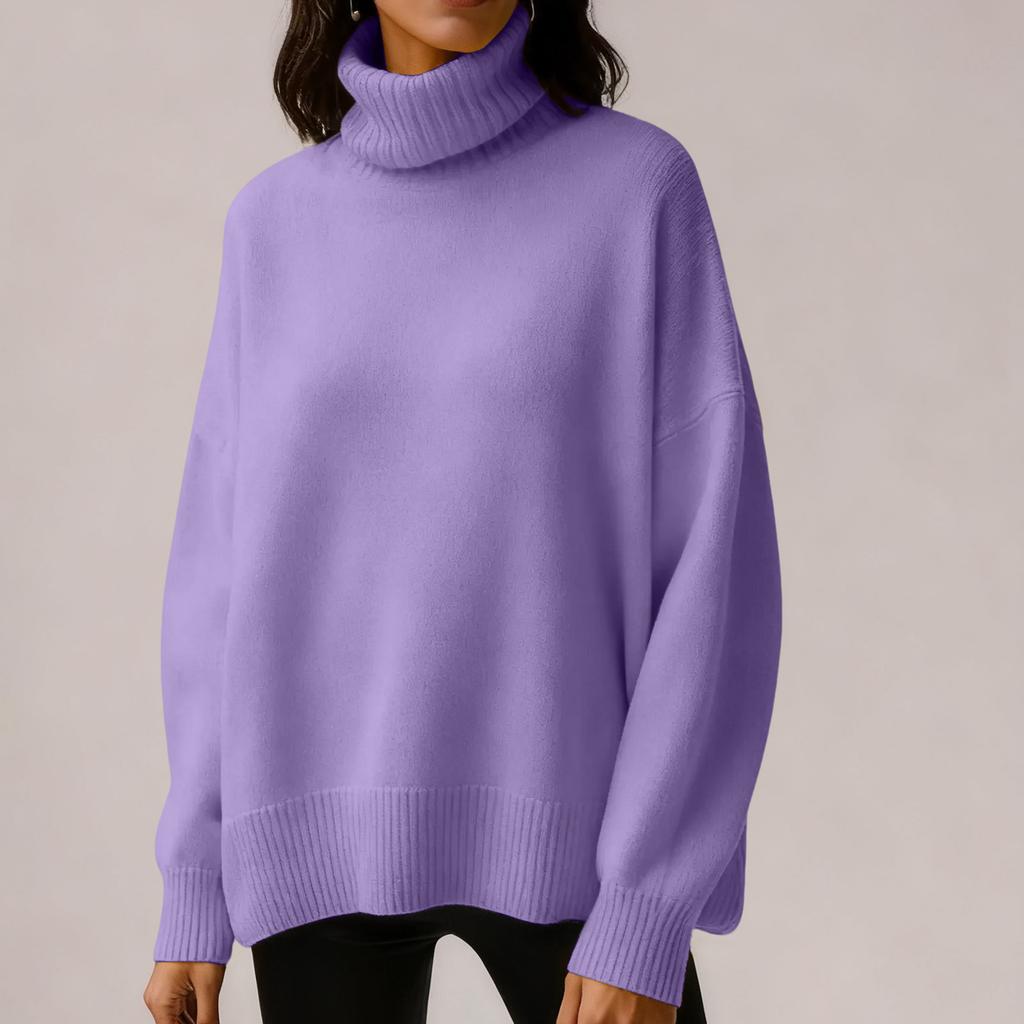 Women's Solid Color High Neck Pullover, Solid Color Loose Knit Sweater