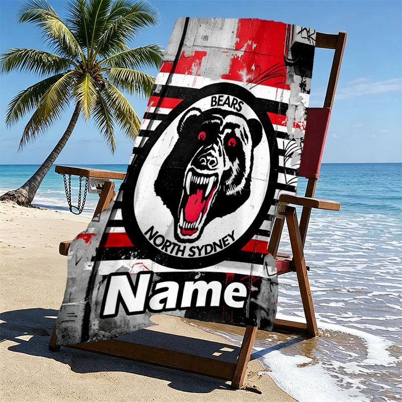 Custom Name Personalized North Sydney Bears Print Beach Towel, for Trip Camping Beach Party Home Decor, Birthday Gift for Family & Friends