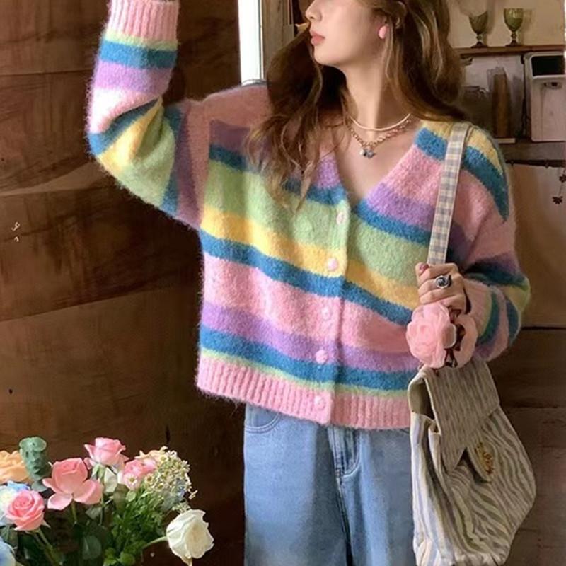 Женский осенне-зимний вязаный кардиган-свитер с V-образным вырезом и милой полоской