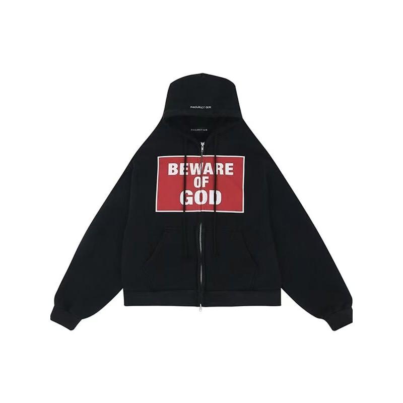 Mens Oversized Cotton Hoodie With Distressed Letter Print Zip-Up Sweatshirt 2025 Casual Streetwear