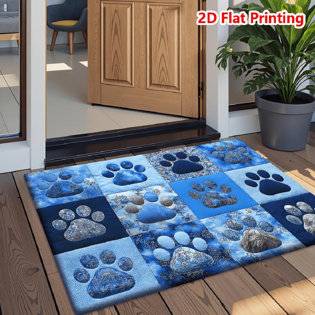 2D Flat Printing, 1pc Healing Blue Pet Paw Print Mat, Fleece Material, | Suitable for Bedroom, Kitchen, Dining Room, Bathroom, Etc., Machine Washable,