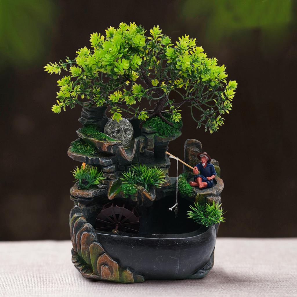 No Fog + Fishing Old Man Mini Mountain Fountain, Resin Zen Tabletop Waterfall Decor with Hidden Wiring, Stable Solid Base