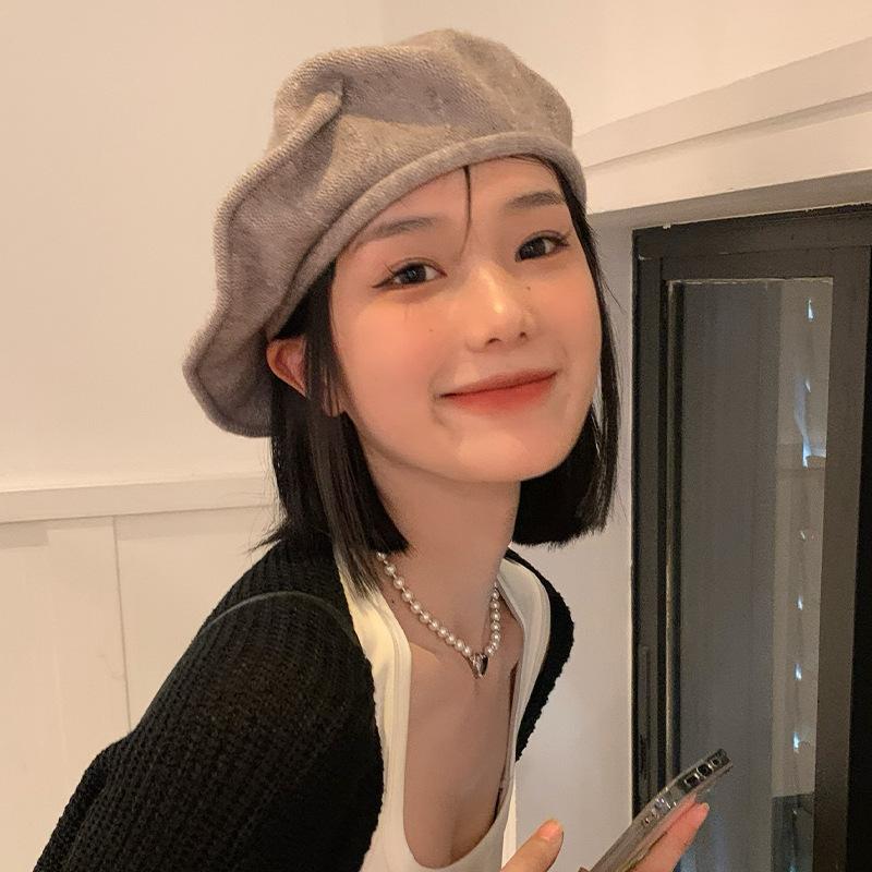 British style knitted thin wool beret female autumn and winter painter hat big head circumference sweet and cute show small face