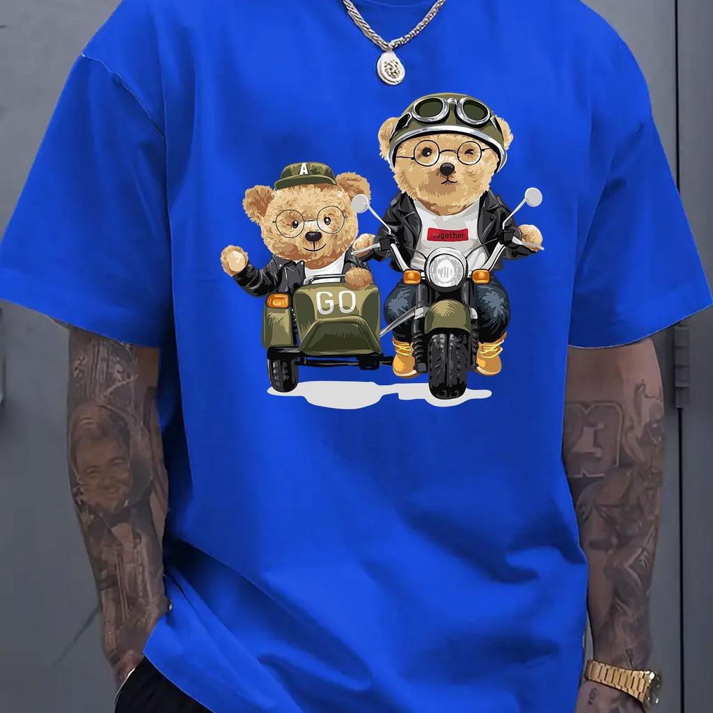 Летние мужские футболки из 100% хлопка, модные, повседневные, спортивные, свободного кроя, с принтом мультяшного медведя, с круглым вырезом и короткими рукавами