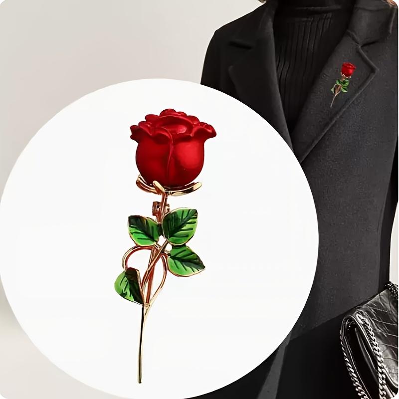 [Red Rose Brooch] Elegant Red Rose Alloy Brooch with Green Leaves | Chic Collar Pin for Dresses, Sweaters & Coats | Perfect Gift for Birthdays, Mother
