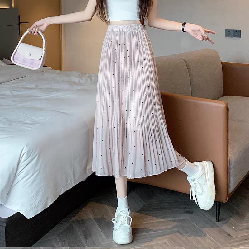 Юбка плиссированная из шифона в горошек, женская летняя юбка миди в горошек с высокой талией, утягивающая, универсальная, трапециевидная юбка