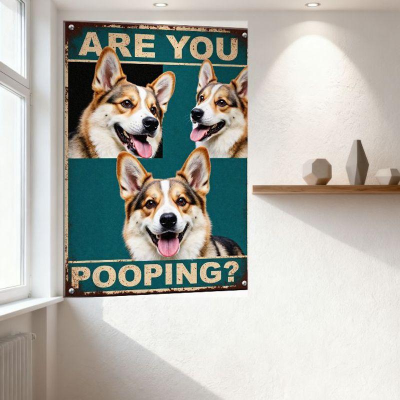 Vintage Rustic Teal Metal Sign with Happy Corgi Collage Photos - 'ARE YOU POOPING?' Distressed Text - Retro Home Decor for Man C