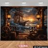 2D flat banner 1 piece. Pirate ship ocean sunset sea scene background fabric with dramatic waves and sky.