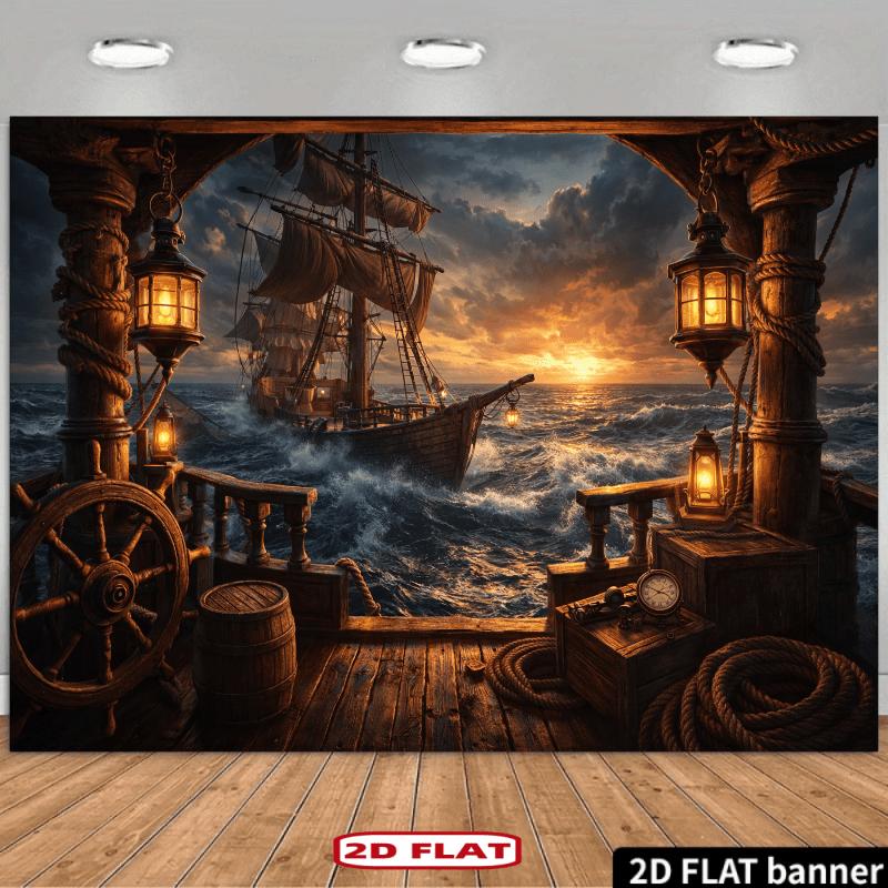2D flat banner 1 piece. Pirate ship ocean sunset sea scene background fabric with dramatic waves and sky.