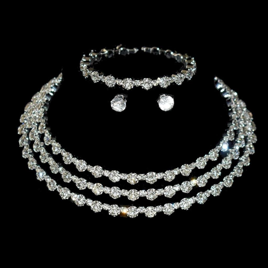 4-piece Women's Jewelry Set with Rhinestones, Multi-layer Collars, Earrings, Bracelets, Wedding Party Accessories