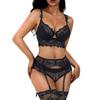 Women Lace Lingerie Bra and Panties and Garter and Stockings 4 Piece