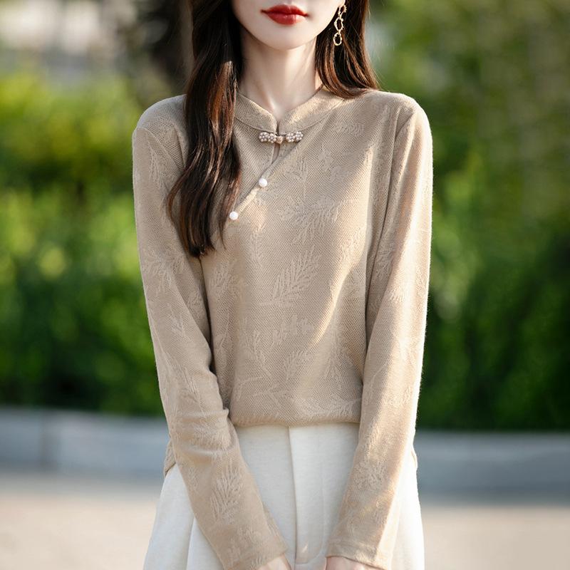Новый трикотажный свитер с круглым вырезом для весны и осени, с длинными рукавами, жаккардовым узором, диагональной застежкой, свободного кроя в новом китайском стиле