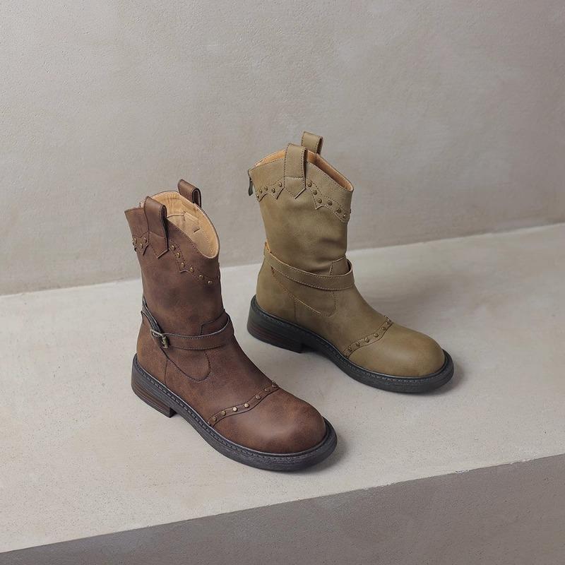 Новый стиль, модные женские винтажные коричневые кожаные женские ковбойские сапоги на платформе, рыцарские, с заклепками, панк, ковбойские, зимние женские сапоги