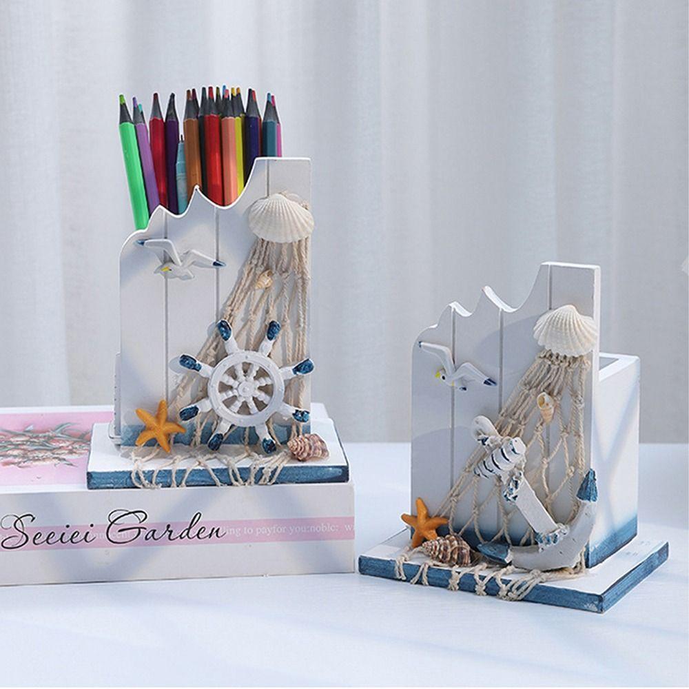 Large Capacity Wooden Pen Holder Ocean Style Pen Container  Office Desktop Decoration