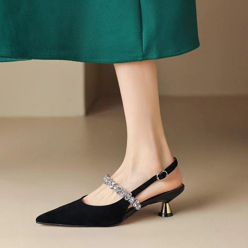Spring and Summer New Rhinestone Leather Silver Pointed Back Empty Mary Jane Single Shoes Small Heel Bag Head Sandals Women