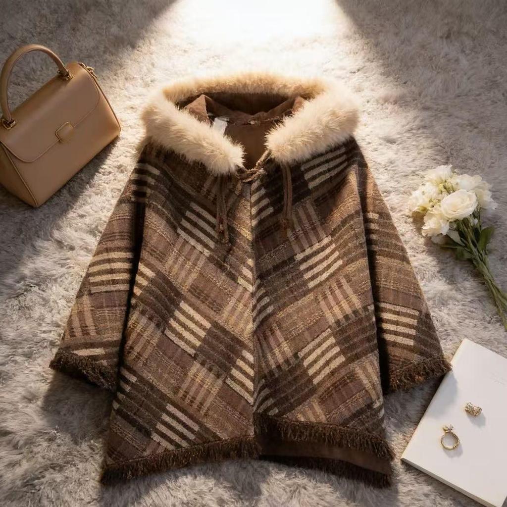 Высококачественный клетчатый кейп-шаль-пальто в стиле Майяра для женщин, маленькие размеры - Издание Осень/Зима 2026