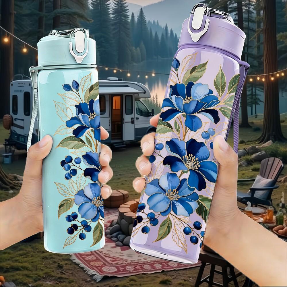 1PC Blue Floral Watercolor Vintage Pattern 750ml Color Plastic Sports Water Bottle Leakproof Flip Straw Lid Suitable for Sports Office Home Use