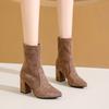 2025 Autumn and Winter High-heeled Pointed Short Boots Women's Velvet Elastic Thin Socks Boots Thick-heeled Professional Single Boots