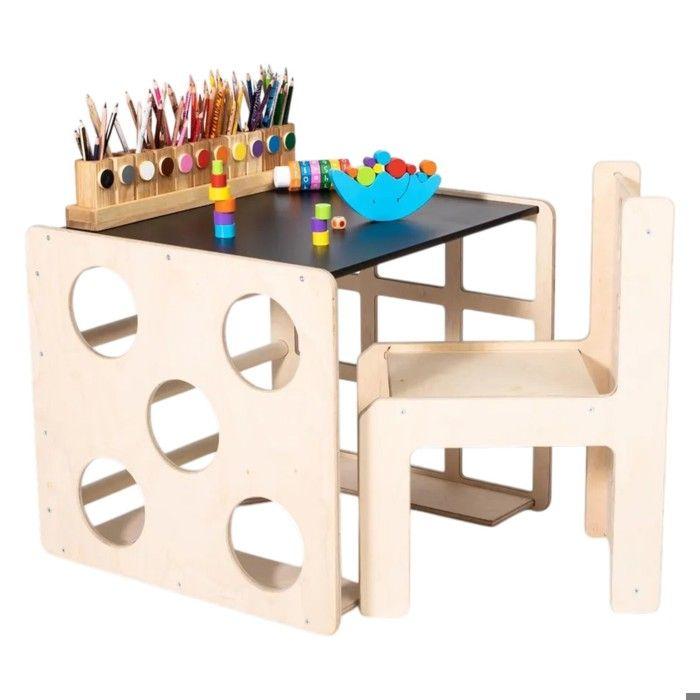 GINGER HOME Ensemble Montessori 2 en 1 Table Enfant avec Chaise et Cube d’Escalade, Bois Naturel, 57x50x55 cm