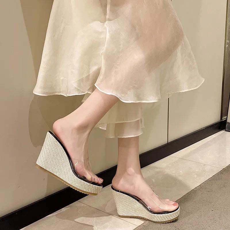 New Women's Shoes Home Slipper Platform Transparent Strap Heel Wedge Luxury Slide Soft Summer Fashion