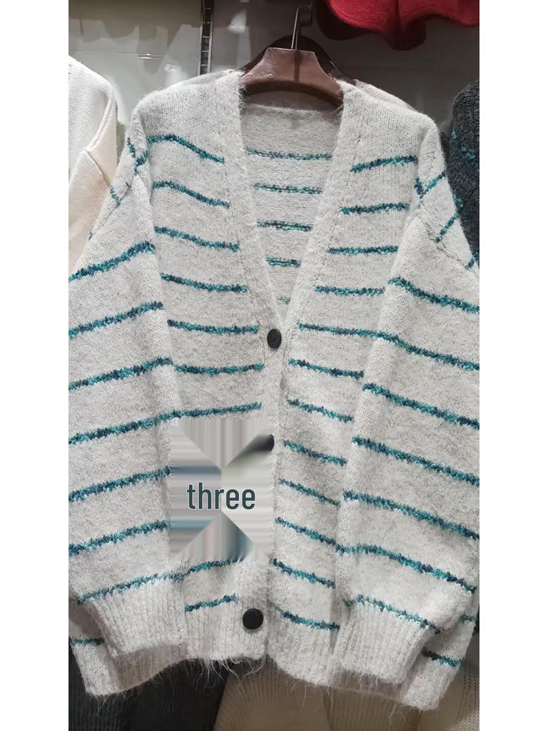 Вязаный кардиган в ретро-стиле, свободного кроя в полоску, осень-зима 2025 - Женский свитер-пальто в ленивом стиле