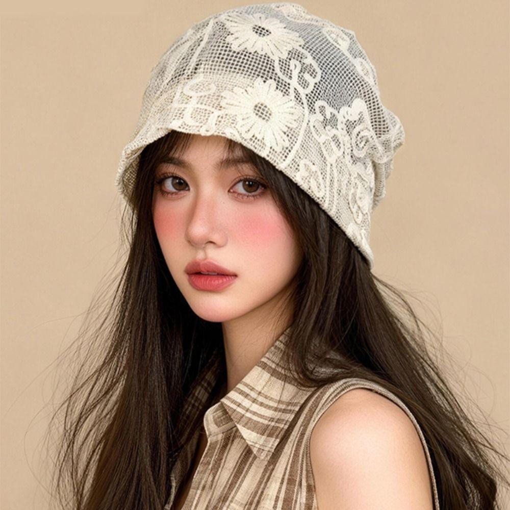 Spicy Girl Hollow Out Beanies Breathable Flower Pile Hat Weave Knitted Cap Apparel Accessories