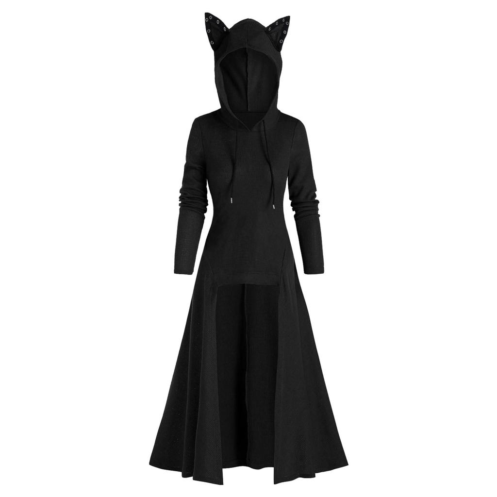 Womens Cat Ears Hooded Plus Size Vintage Cloak High Low Sweater Blouse Tops