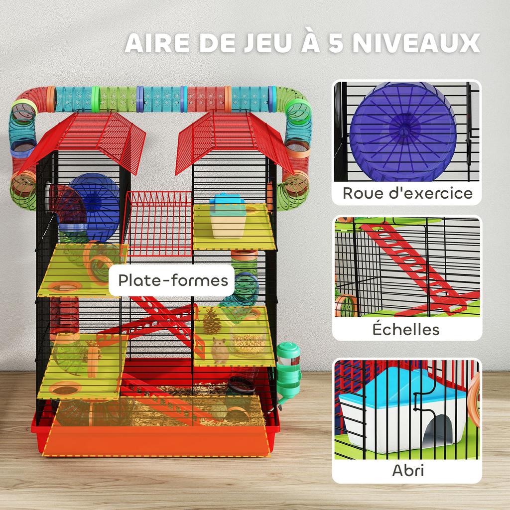 Cage for hamsters, mice, and small rodents with tunnel, feeder, wheel, and toy, 47 x 30 x 59 cm, red