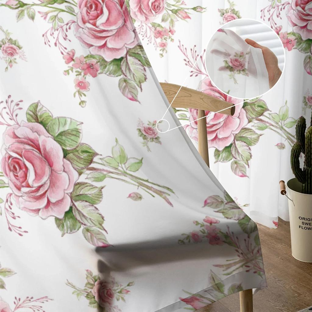 Pink Rose Romantic Luxury Tulle Curtains Modern Living Room Kitchen Chiffon Curtain Bedroom Sheer Valance Curtain