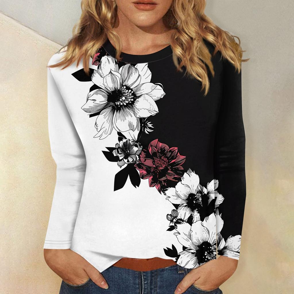 Женский модный повседневный пуловер с круглым вырезом и длинным рукавом с цветочным принтом