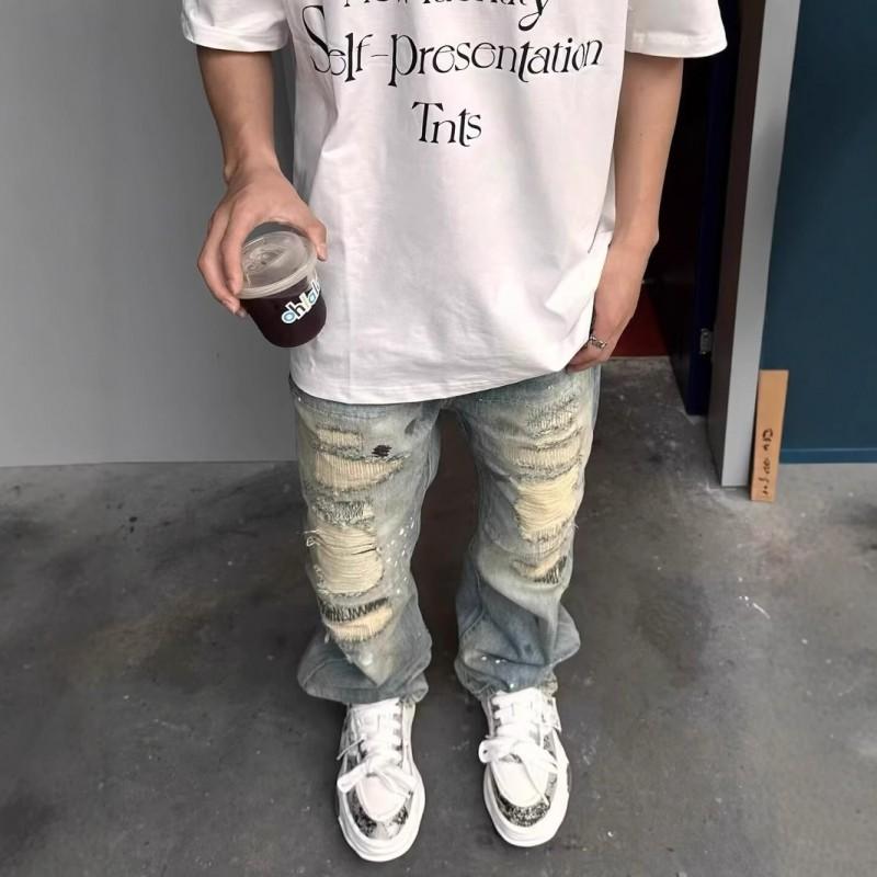 Mens High Street Vintage Distressed Ripped Washed Denim Jeans With Embroidery Loose Fit Flared