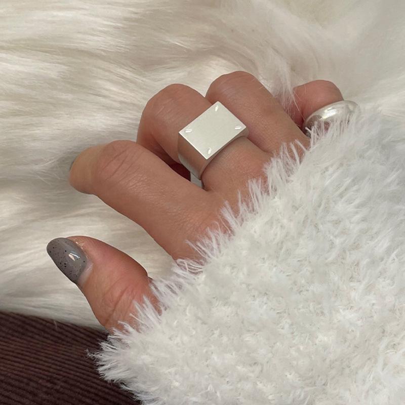 Adjustable Trendy 925 Silver Wide Square Ring With Stylish Matte Texture For Women