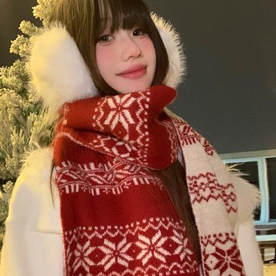 Двусторонний вязаный шарф с узором «снежинка» в стиле Fair Isle, женский, осенне-зимний, атмосфера, утолщенный теплый шарф, ретро-шаль