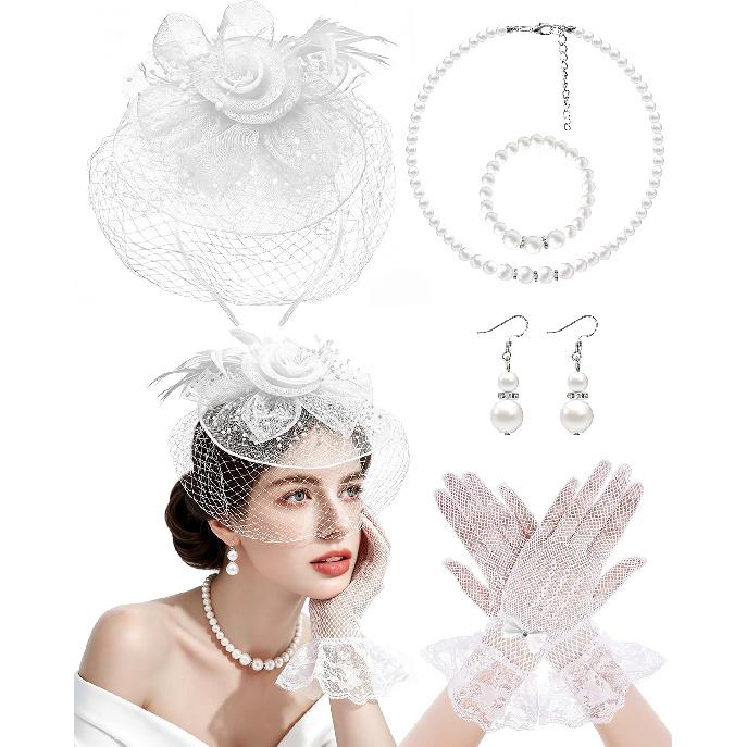 1920s Fascinators Hat for Women Tea Party Veil Mesh Headband Lace Gloves Set for Women Veil Tea Party Hats