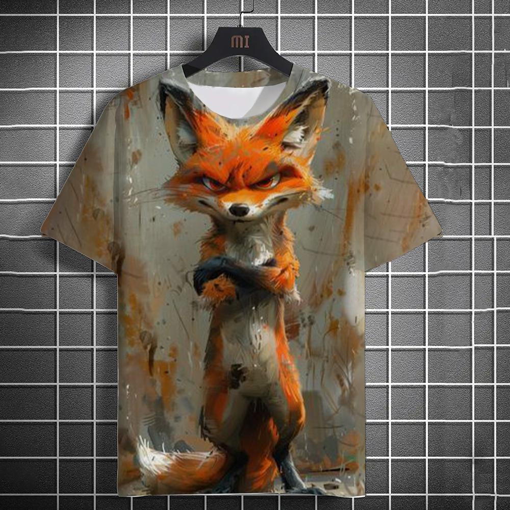 Fashion Men's Casual T-shirt 3D Printing Fun Animal Print Short Sleeve Street Fashion Wolf Fox Print Round Neck Top
