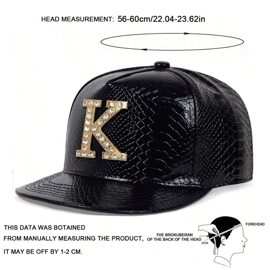 Metal K Letter Crocodile Grain PU Leather Hip-hop Hat Unisex Flat Top Baseball Cap Fashionable Outdoor Sunscreen Hats Leisure Travel Caps