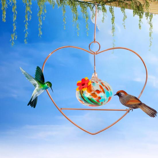 Heart-Shaped Hummingbird Feeder Hanging Water Feeder with Perch Colorful Glass Bottle Wire Frame Hummingbird Feeder for Porch Yard Garden Outdoor