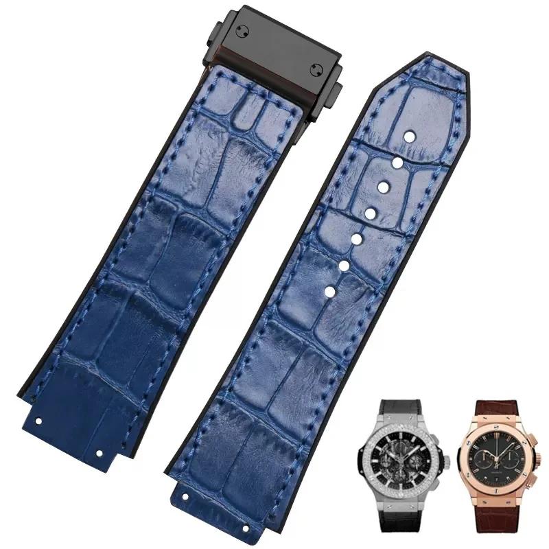 26x19 мм Настоящая Коровья Кожа Резина Ремешок для Часов для HUBLOT Classic Fusion Universe Big Bang Серии Мужской ремень Ремешок для Часов Бабочка Пряжка