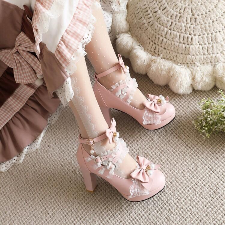FOREADA Women Pu Leather Pumps Platform Thick High Heels Round Toe Mary Janes Bead Buckle Party Wedding Lovely Spring Autumn