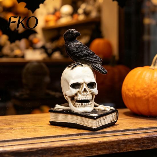 Resin Skeleton Statue Mystical Raven on Skull Statue, Gothic Crow Perching Figurine Aged Texture Decor with Book, Spooky Halloween Sculpture for Desk
