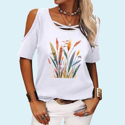 Женская модная футболка с коротким рукавом и цветочным принтом, круглый воротник, топ с открытыми плечами, женская повседневная футболка-пуловер