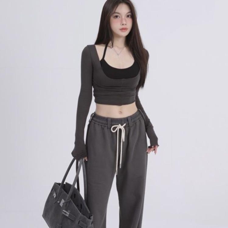 VAYLA Two Pieces Set Y2k Aesthetic Harajuku T-shirts Halter Long Sleeve Tee Shirts Femme All Match Spaghetti Stap Patchwork Top Women