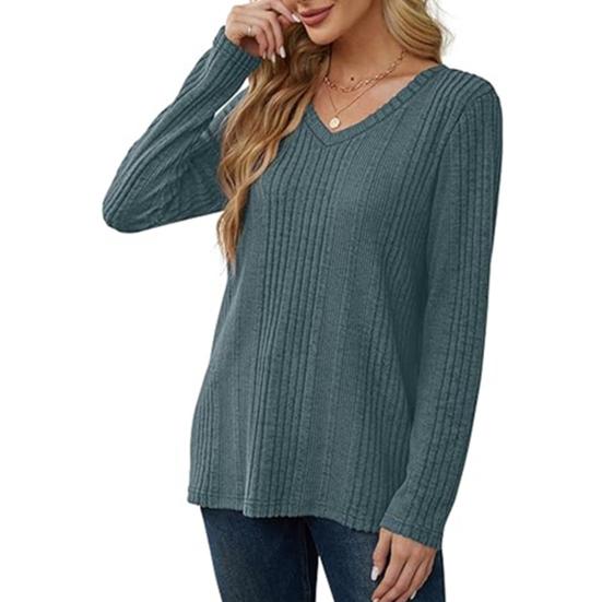 Женская туника-свитер с V-образным вырезом и длинным рукавом, однотонная, ребристая, повседневная, облегающая, трикотажная