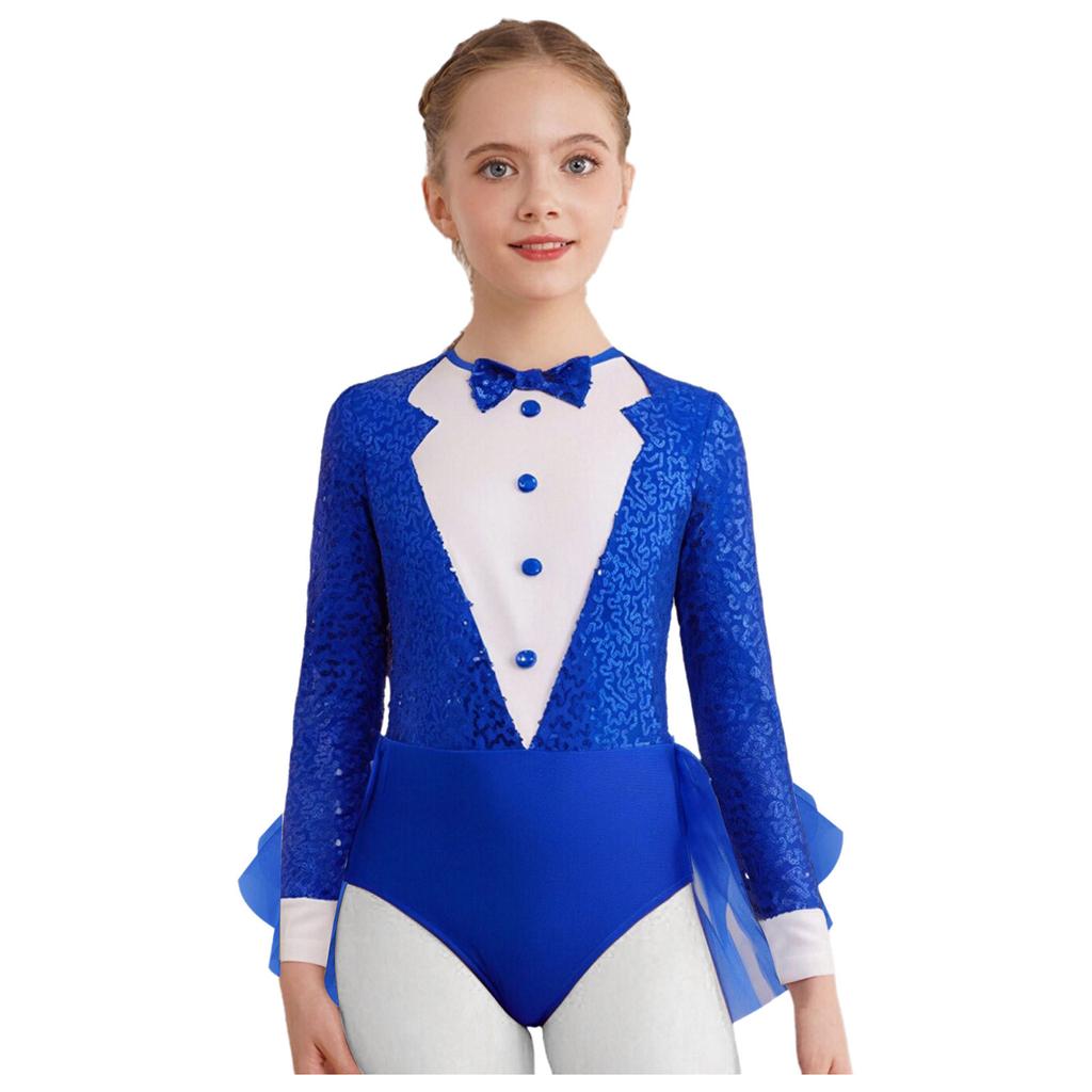 Girls Jazz Dance Costume Sparkly Sequins Bodice Tulle Skirted Leotard Long Sleeve Back Invisible Zipper Bodysuit